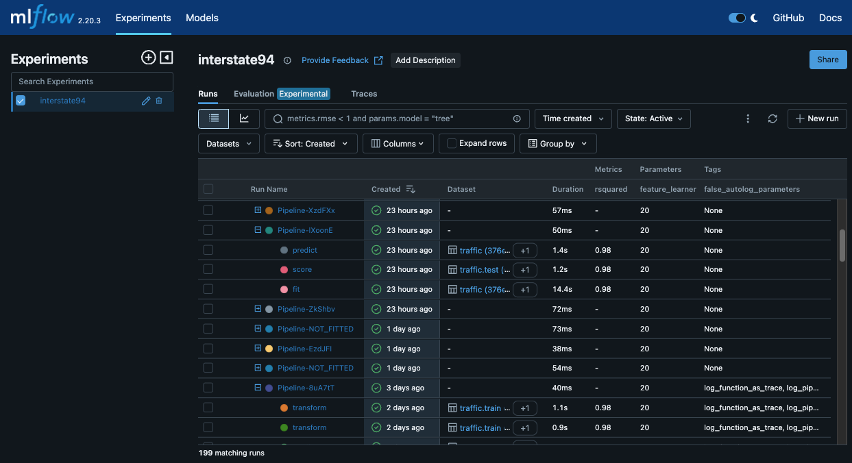 MLflow UI Overview - Shows the main UI with MLflow experiments and runs