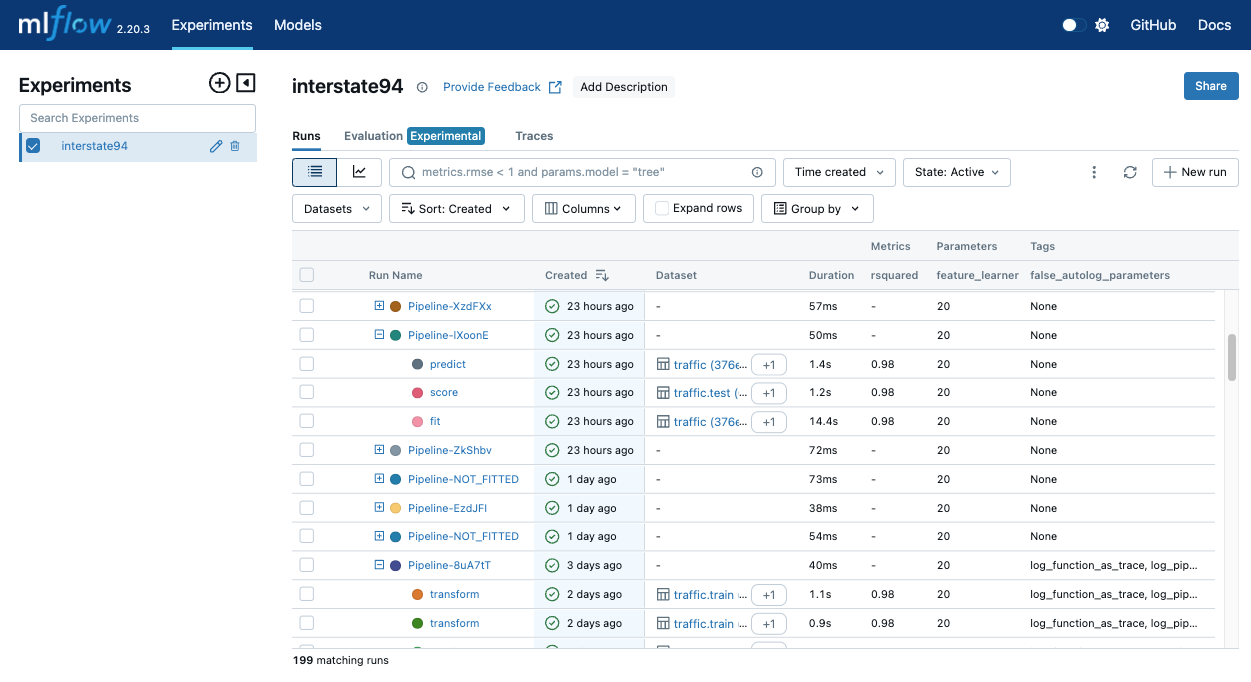 MLflow UI Overview - Shows the main UI with MLflow experiments and runs